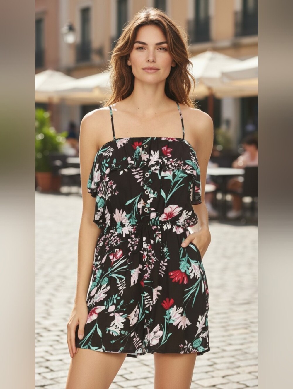 Black Red Floral Sleeveless Romper Boutique Ruffle Romper | NWT | C-Mode Brand